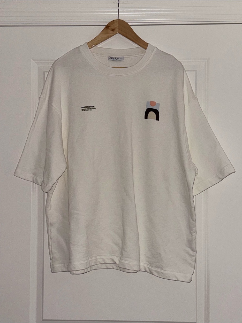 ZARA Men’s XL Relaxed Fit White Graphic T-Shirt Abstract Modern Print